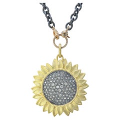 Sunflower Necklace with Pave Set Diamonds in Oxidized Silver, Large