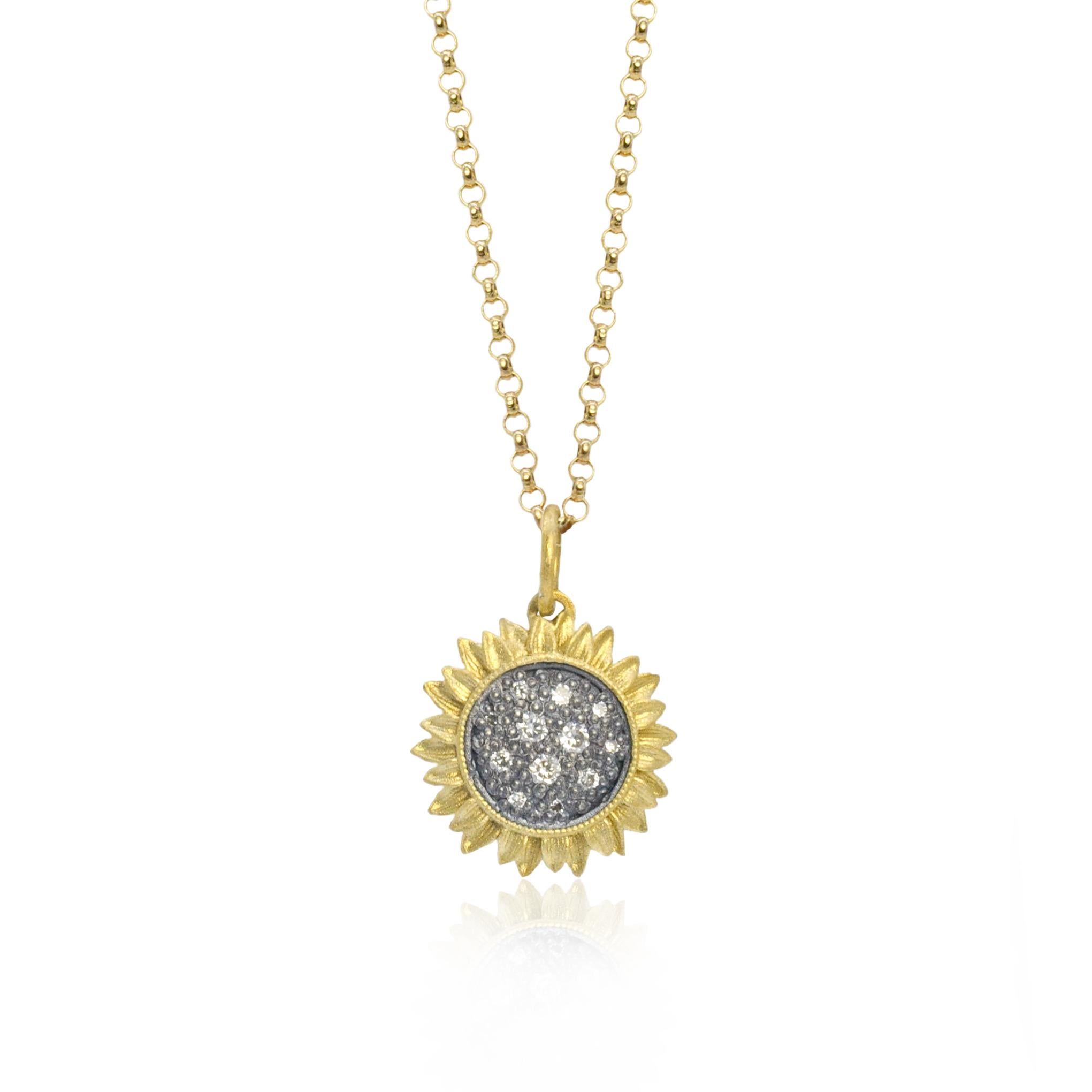 Artisan Sunflower Necklace with Pave Set Diamonds in Oxidized Silver, Tiny For Sale