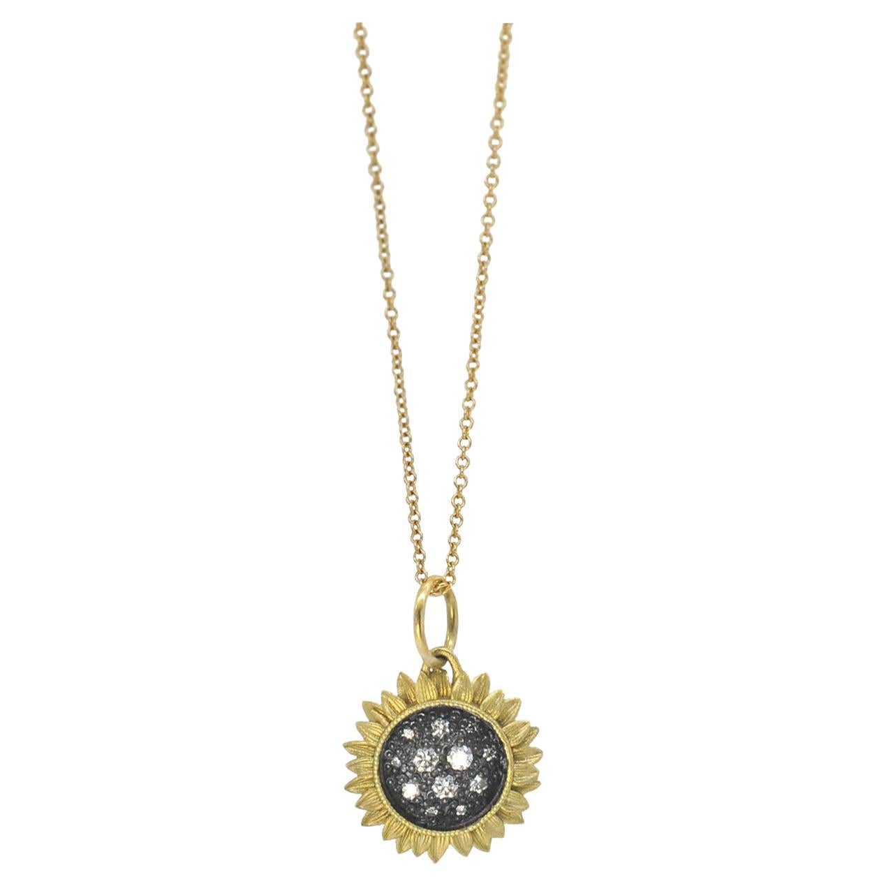 Sunflower Necklace with Pave Set Diamonds in Oxidized Silver, Tiny For Sale