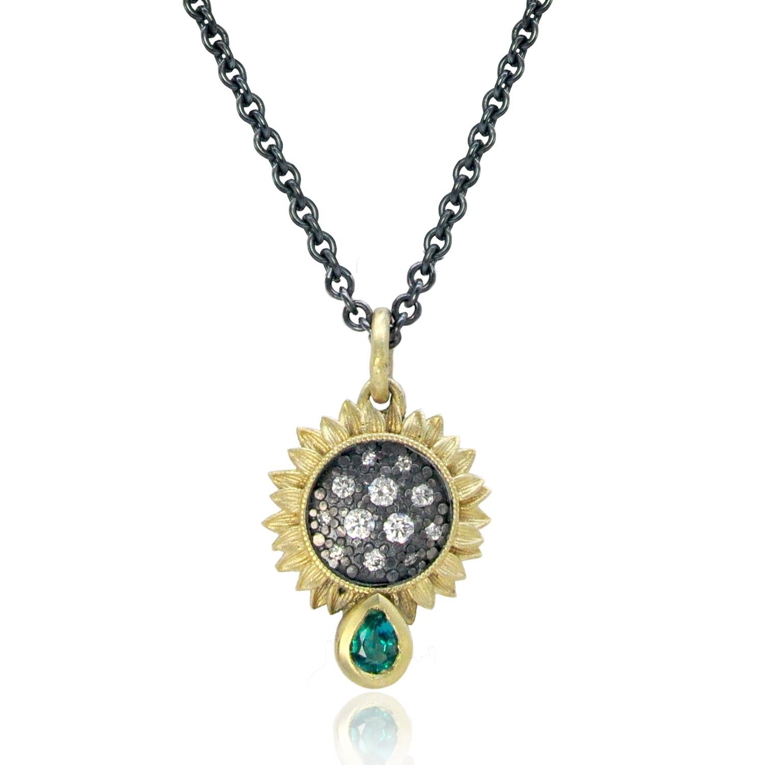 Artisan Sunflower Necklace with Pave Set Diamonds in Oxidized Silver with Emerald, Small For Sale