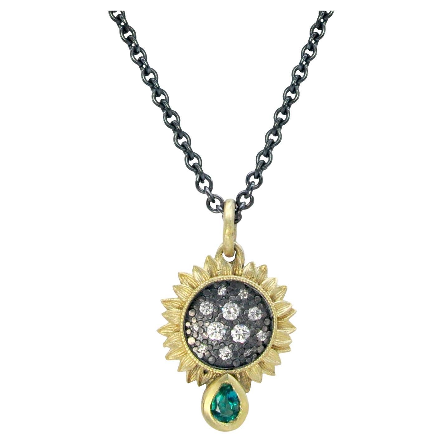Sunflower Necklace with Pave Set Diamonds in Oxidized Silver with Emerald, Small
