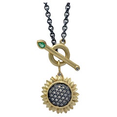 Sunflower Necklace with Pave Set Diamonds in Oxidized Silver with Toggle, Medium