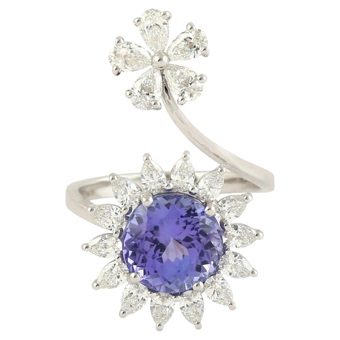 Sunflower Resembling Ring With Tanzanite & Diamonds Made In 18k White Gold