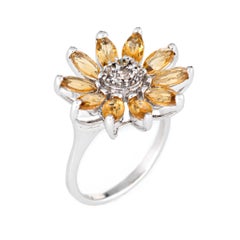 Sonnenblume Ring Citrin Diamant Estate 14 Karat Weißgold Blumenschmuck Fein
