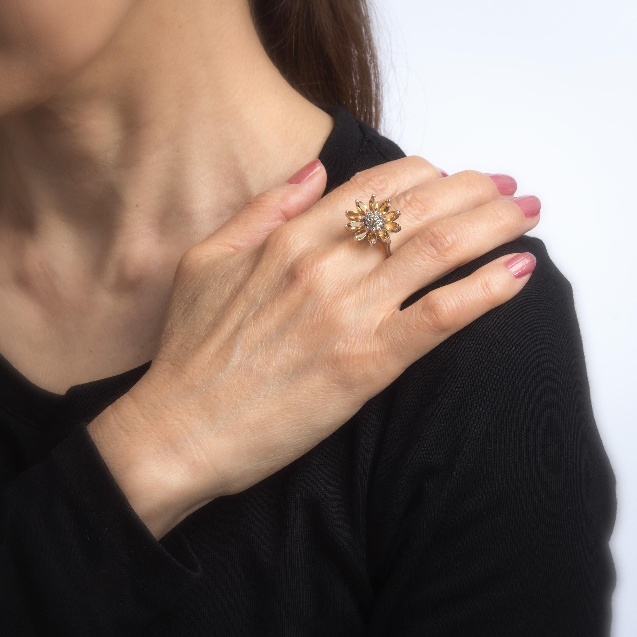 Modern Sunflower Ring Citrine Diamond Estate 14 Karat White Gold Flower Jewelry Fine