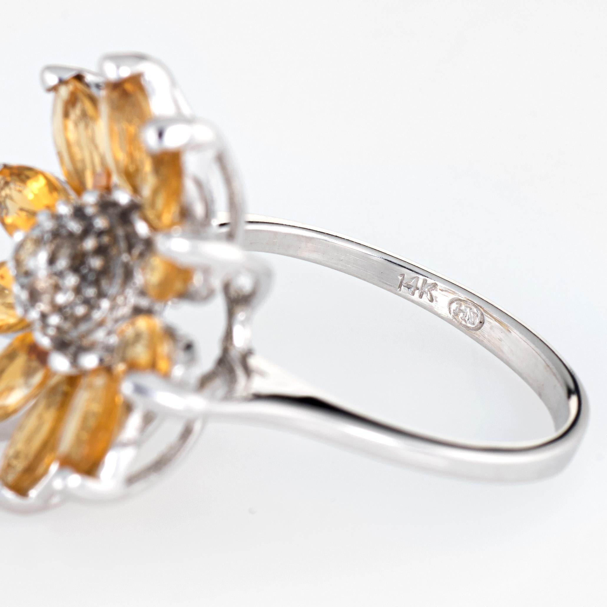 Marquise Cut Sunflower Ring Citrine Diamond Estate 14 Karat White Gold Flower Jewelry Fine