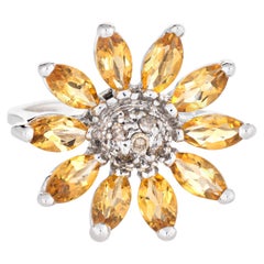 Vintage Sunflower Ring Citrine Diamond Estate 14 Karat White Gold Flower Jewelry Fine