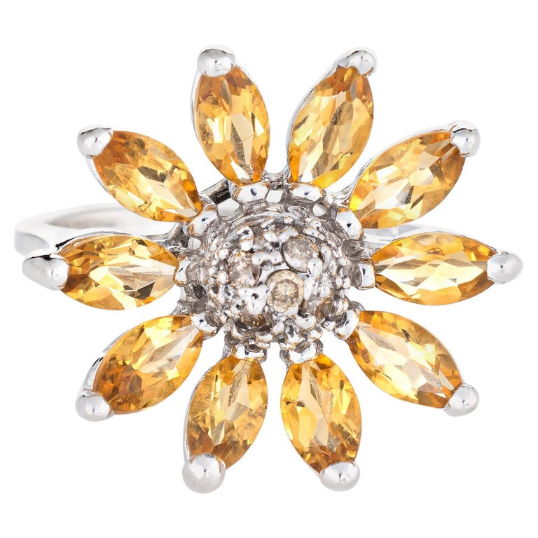 Sunflower Ring Citrine Diamond Estate 14 Karat White Gold Flower