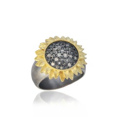Sunflower Ring with Pave Set Diamonds in Oxidized Silver, Large