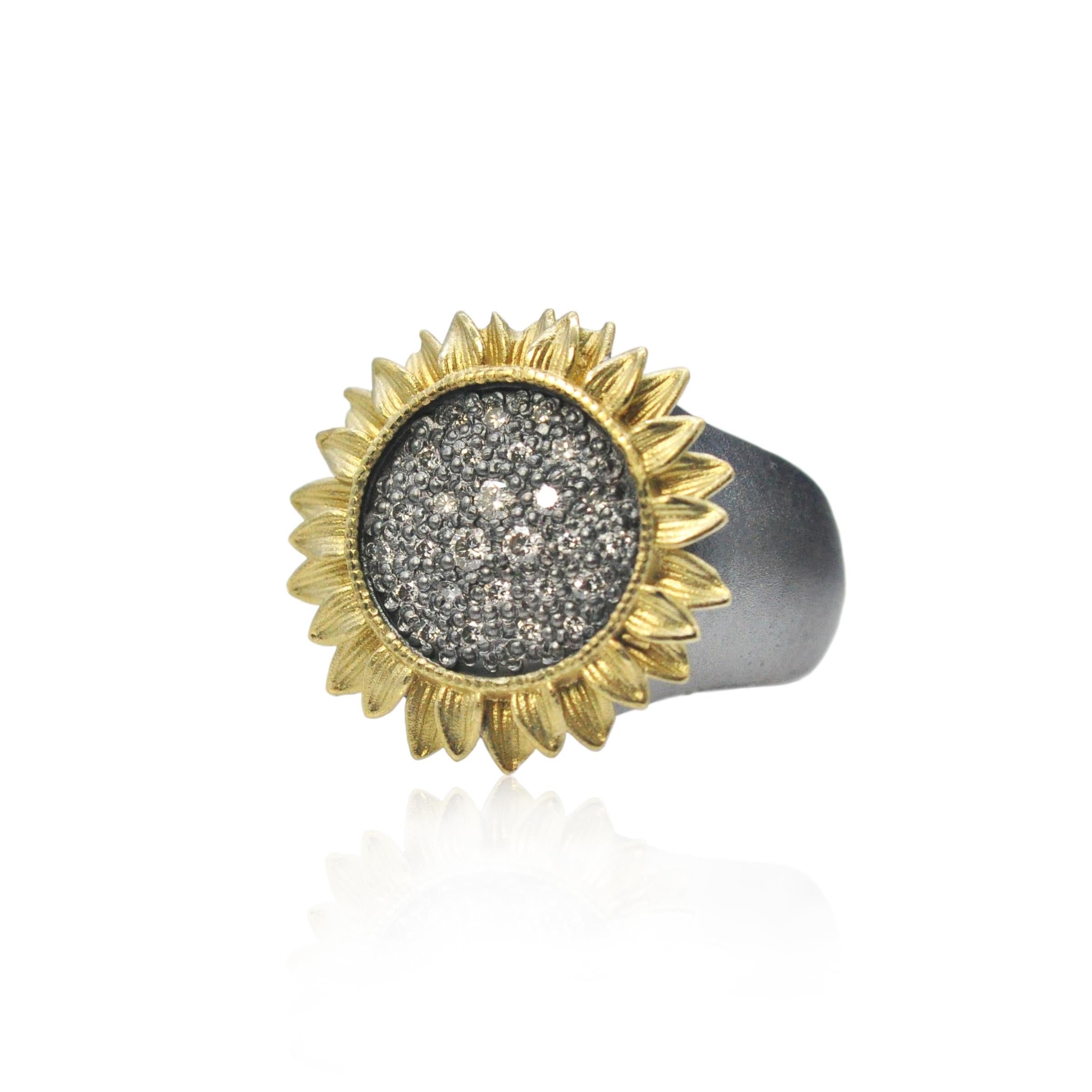 For Sale:  Sunflower Ring with Pave Set Diamonds in Oxidized Silver, Large 5