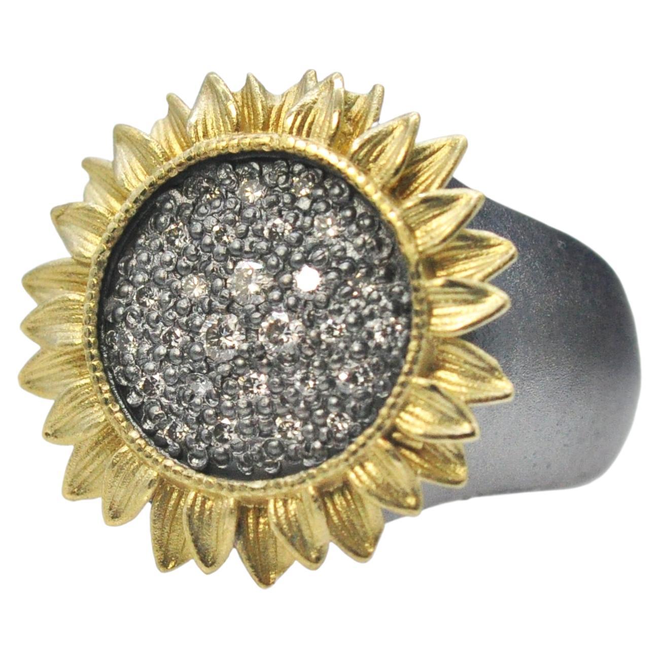 Sunflower Ring with Pave Set Diamonds in Oxidized Silver, Large