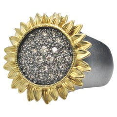 Sunflower Ring with Pave Set Diamonds in Oxidized Silver, Large