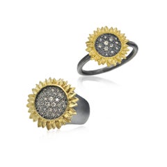 Sunflower Ring with Pave Set Diamonds in Oxidized Silver, Small