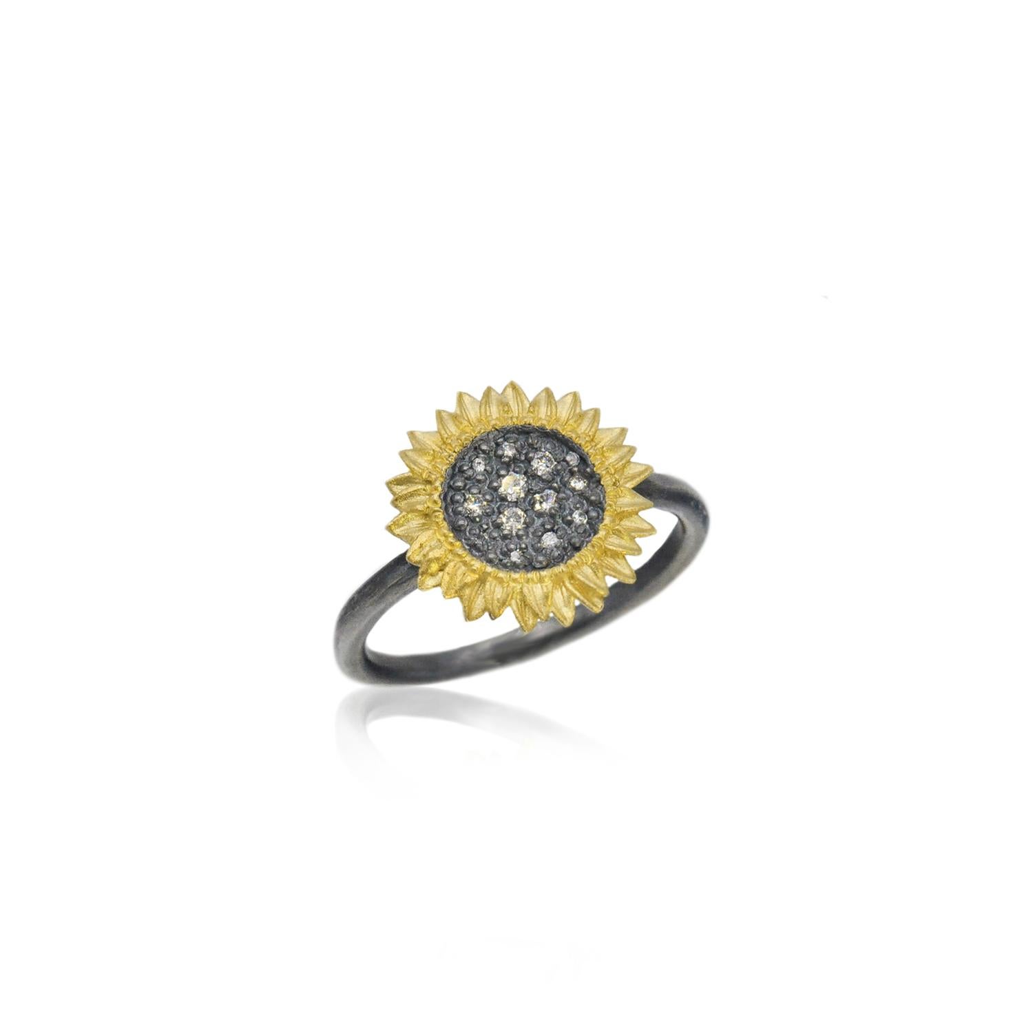 For Sale:  Sunflower Ring with Pave Set Diamonds in Oxidized Silver, Small 5