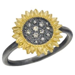 Sunflower Ring with Pave Set Diamonds in Oxidized Silver, Small