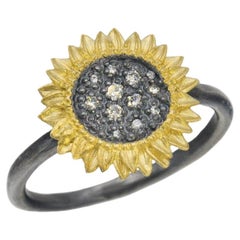 Bague tournesol avec diamants sertis en pavé en argent oxydé, petit modèle