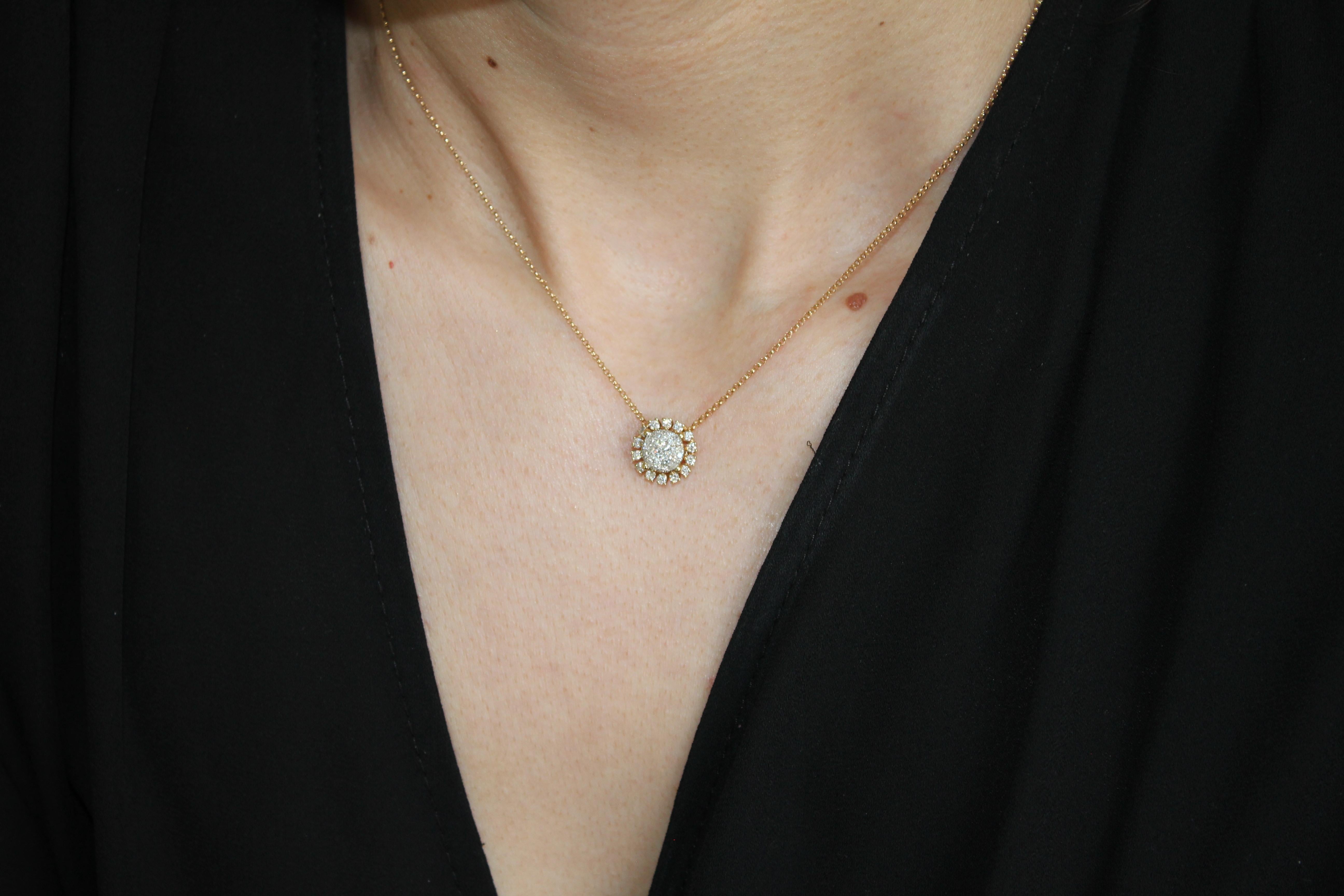 Sunflower Sun Ray Round Diamond Halo Pave Necklace Pendant 14 Karat Yellow Gold For Sale 6