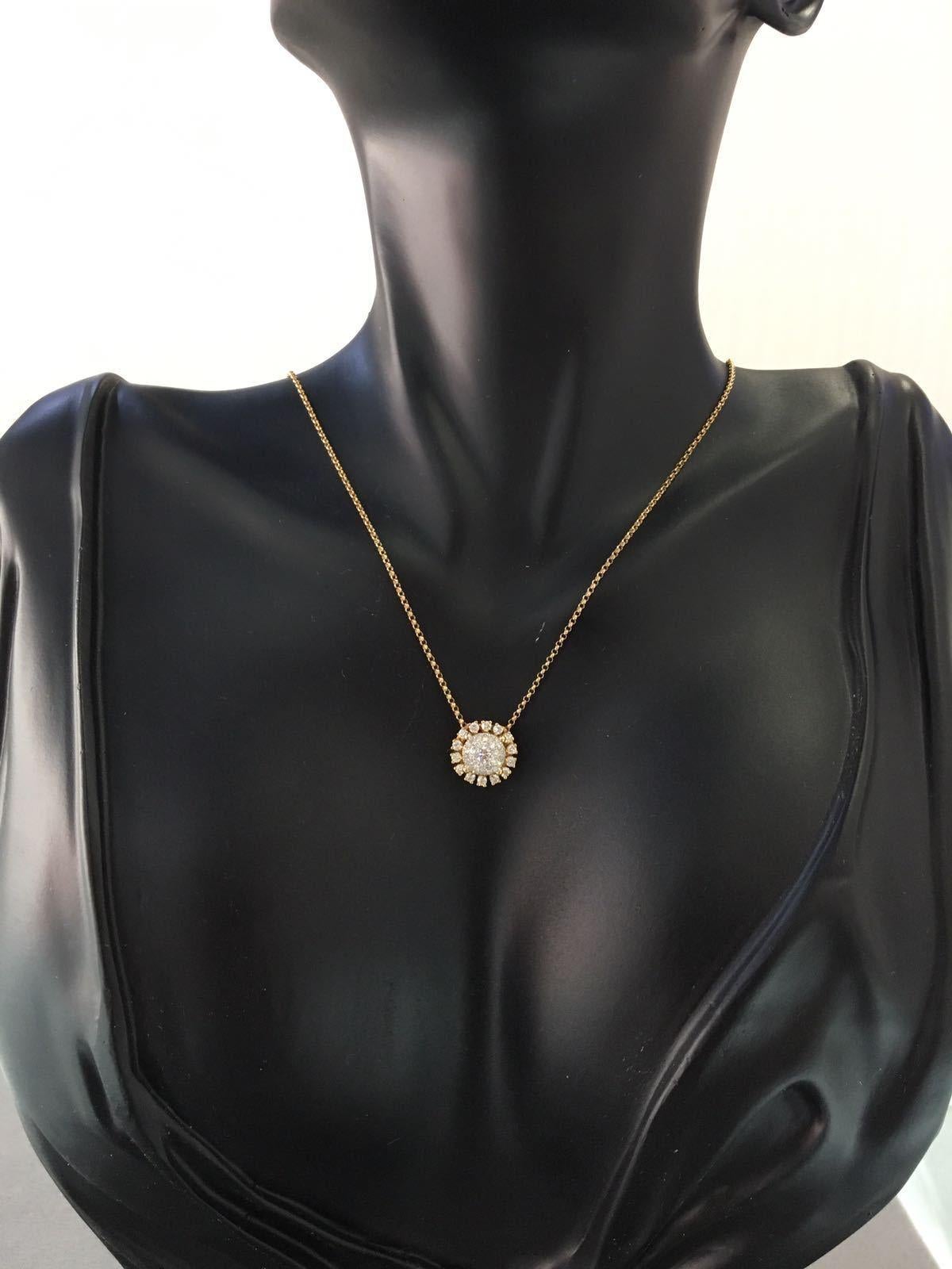 Modern Sunflower Sun Ray Round Diamond Halo Pave Necklace Pendant 14 Karat Yellow Gold For Sale