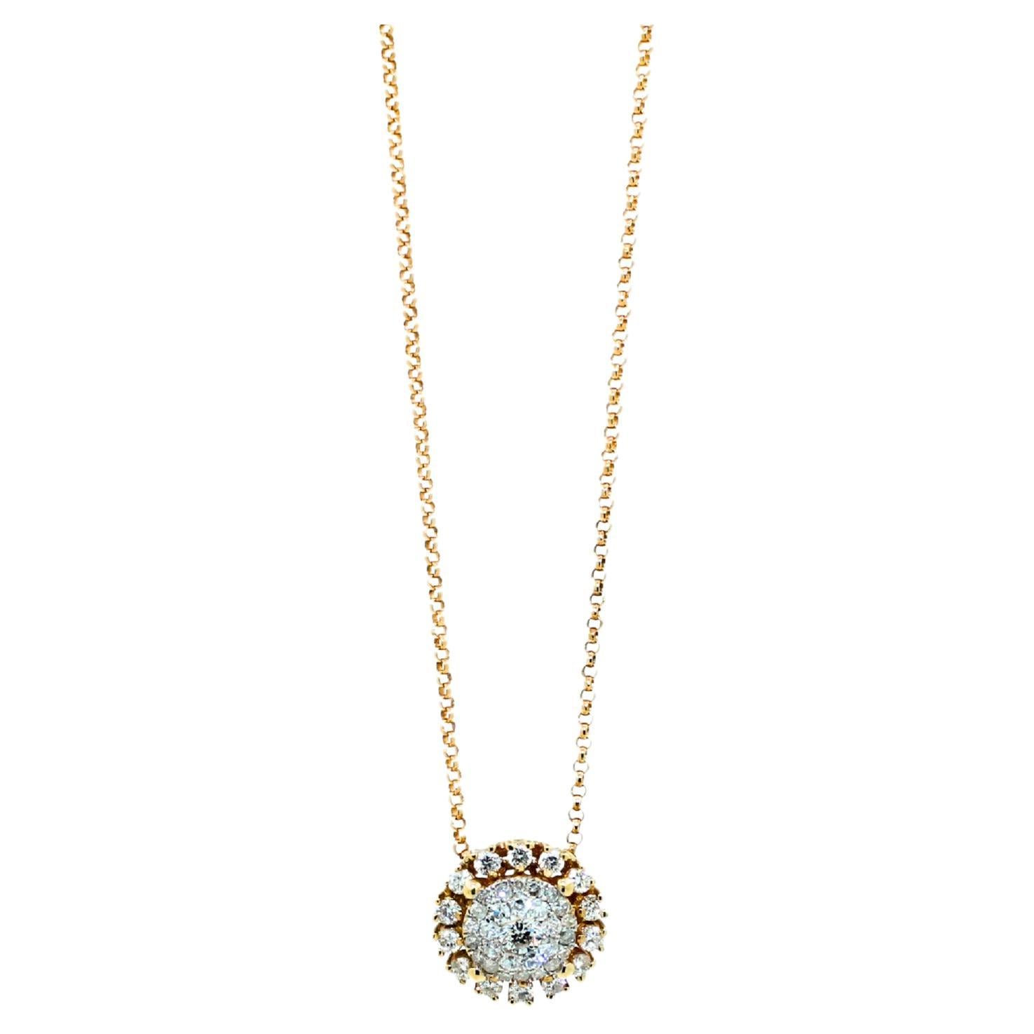 Sunflower Sun Ray Round Diamond Halo Pave Necklace Pendant 14 Karat Yellow Gold For Sale