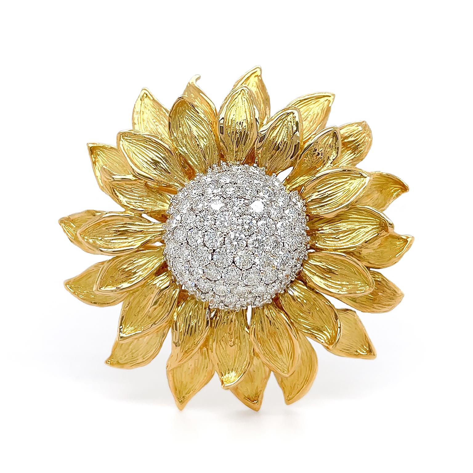 18 Karat Gelbgold Sonnenblumen-Diamant-Brosche Herren im Angebot
