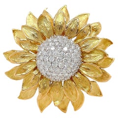 18K Yellow Gold Sunflower Diamond Brooch