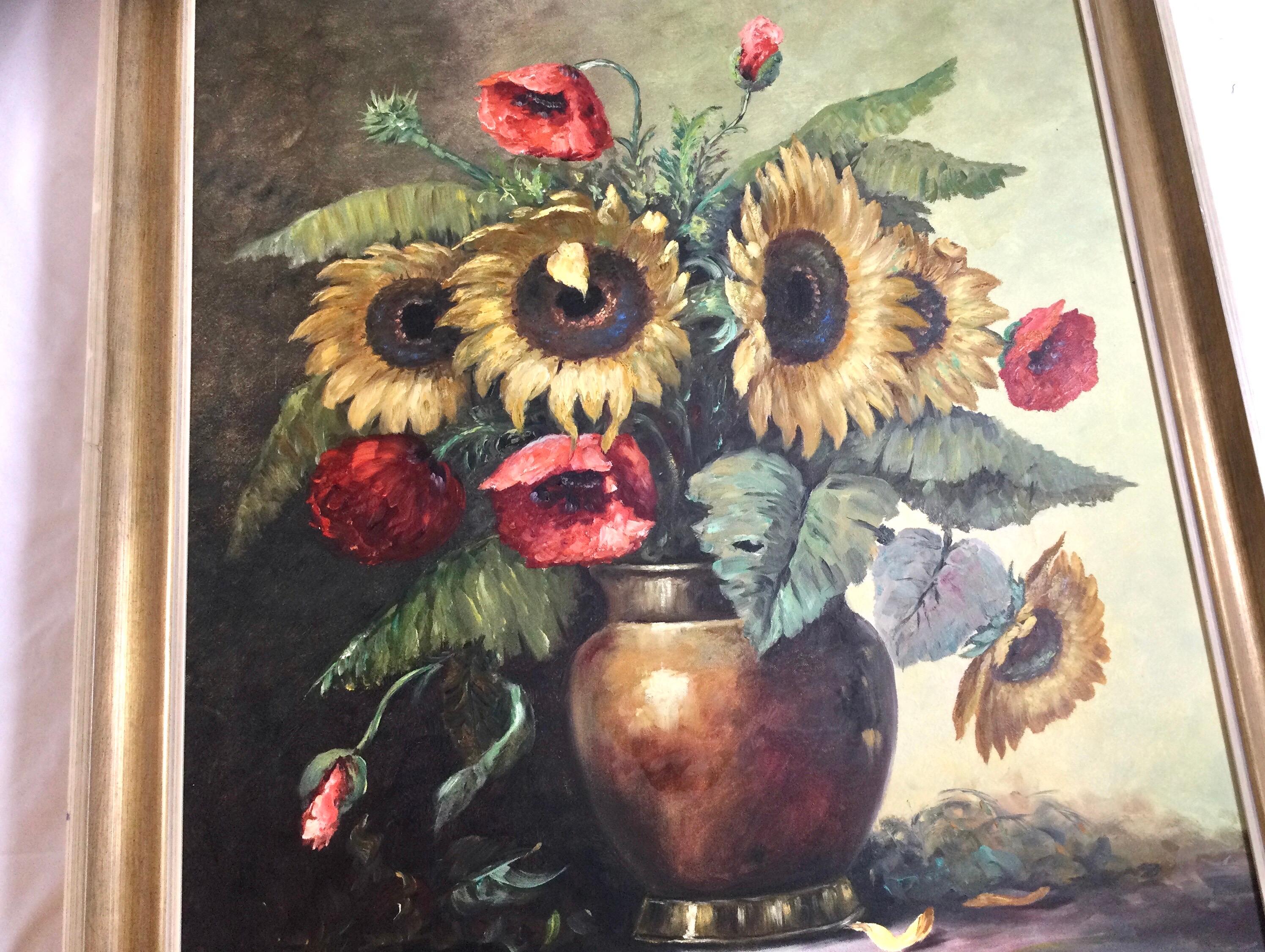 Exceptional well done floral with vivid colors. Signed lower left T. Elzer. Big bold and beautiful poppies and sunflowers. Framed size 36 by 40
