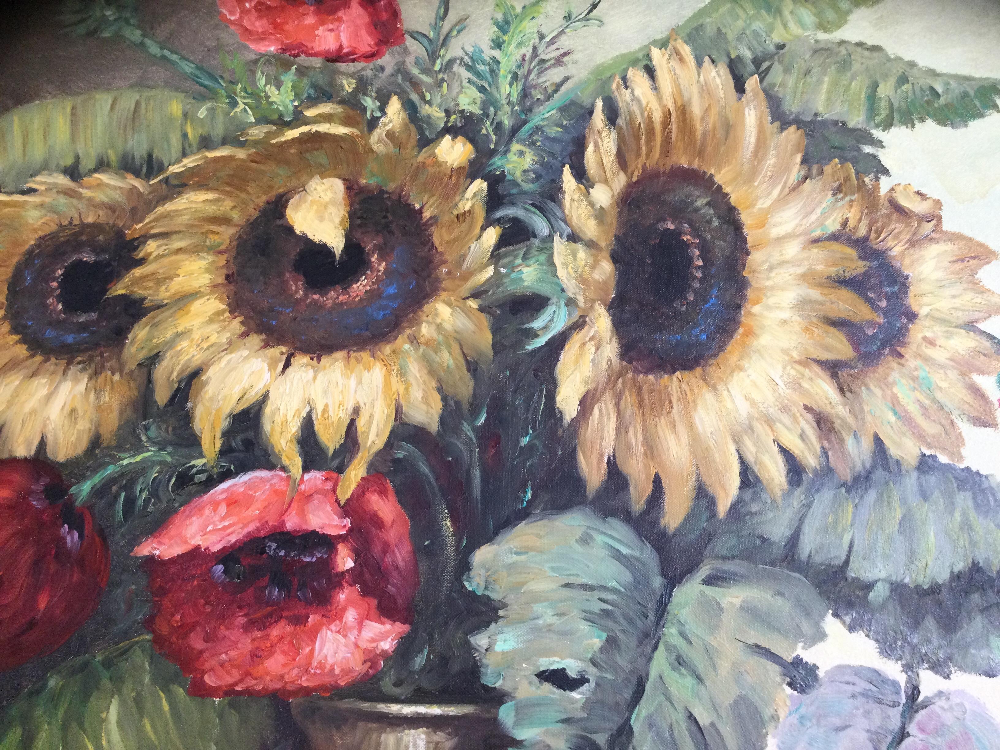 20th Century Sunflowers and Poppies Oil on Canvas Signed T. Elzer For Sale