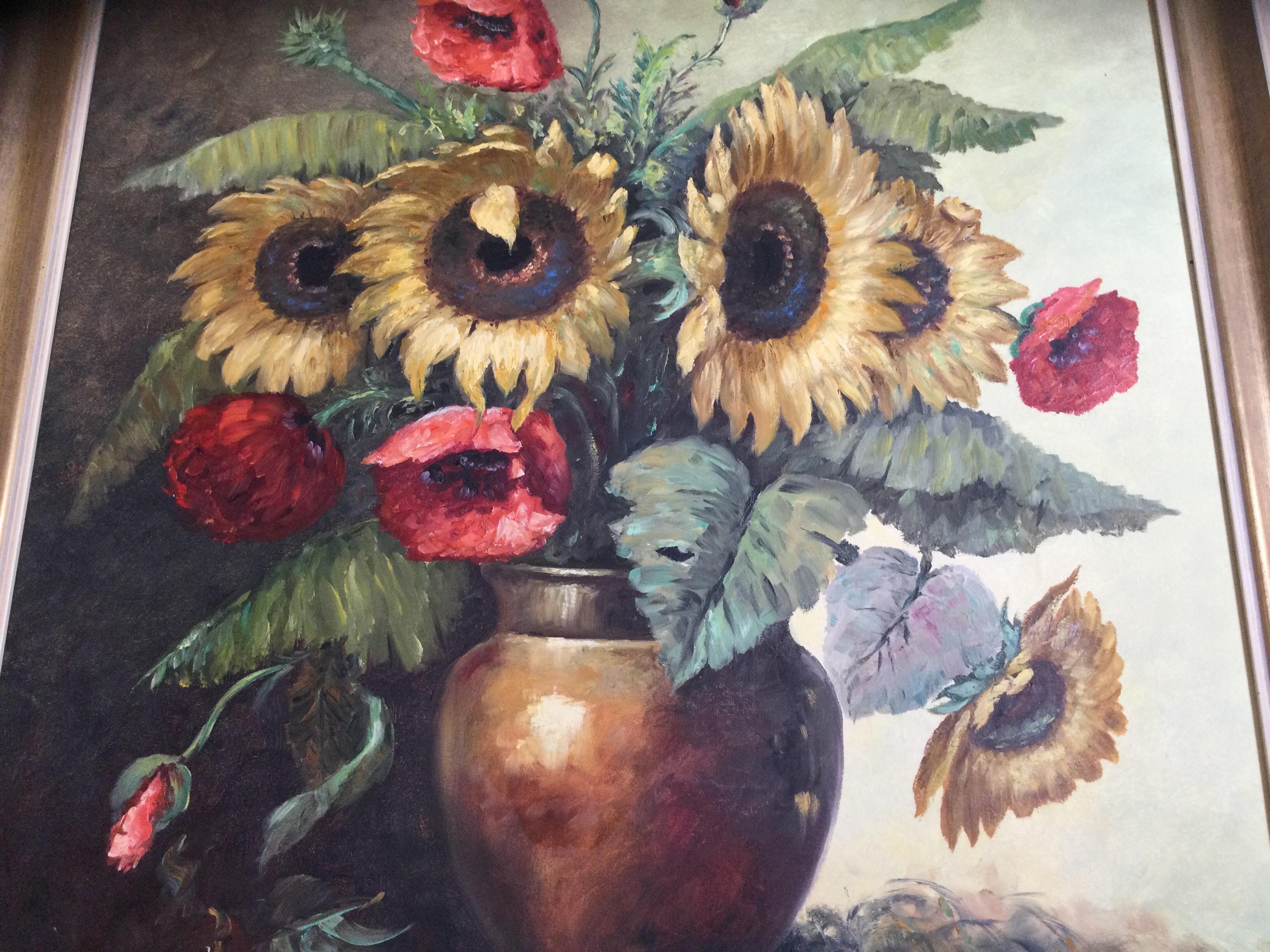 Paint Sunflowers and Poppies Oil on Canvas Signed T. Elzer For Sale