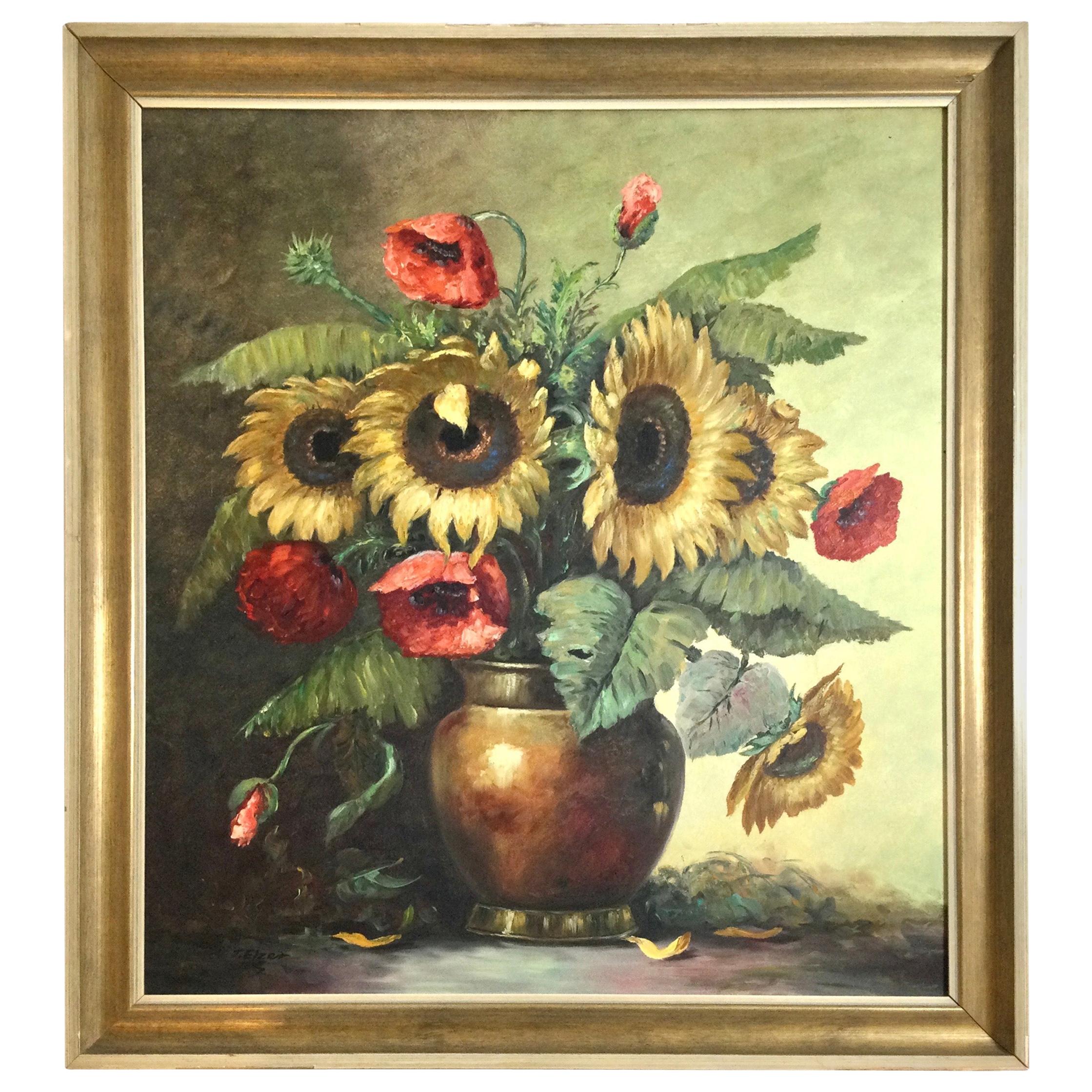 Sunflowers and Poppies Oil on Canvas Signed T. Elzer For Sale
