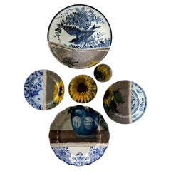 ""Sunflowers in Chinese Vase" Installation of Ceramic Plates and Oil on Canvas