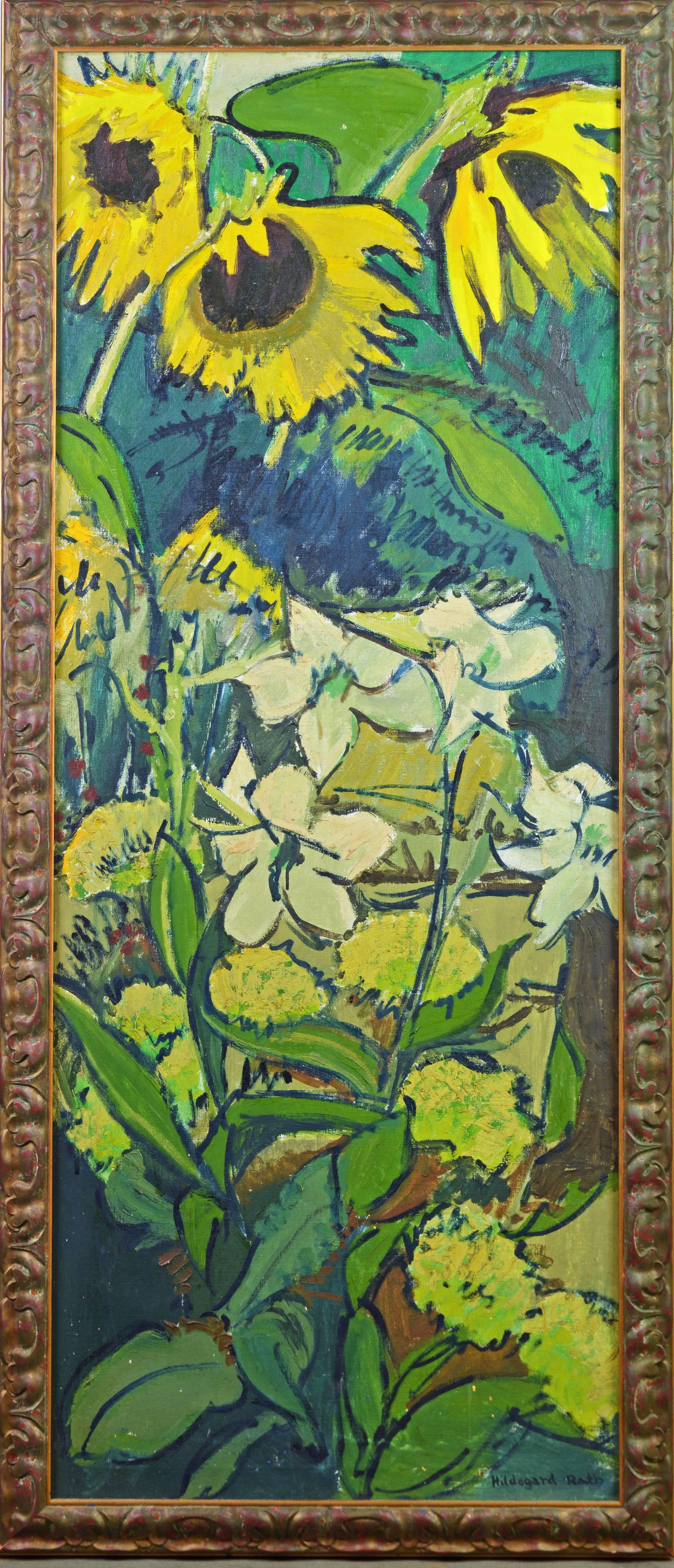 'Sunflowers in the Garden'
by Hildegard Rath, German/American 1909-1994.
Measures: 22 x 56 in. without frame, 26 x 60 in. including frame.
Oil on canvas, signed.
Housed in the likely original antiqued gold finish frame.

Hildegard Rath:
Born