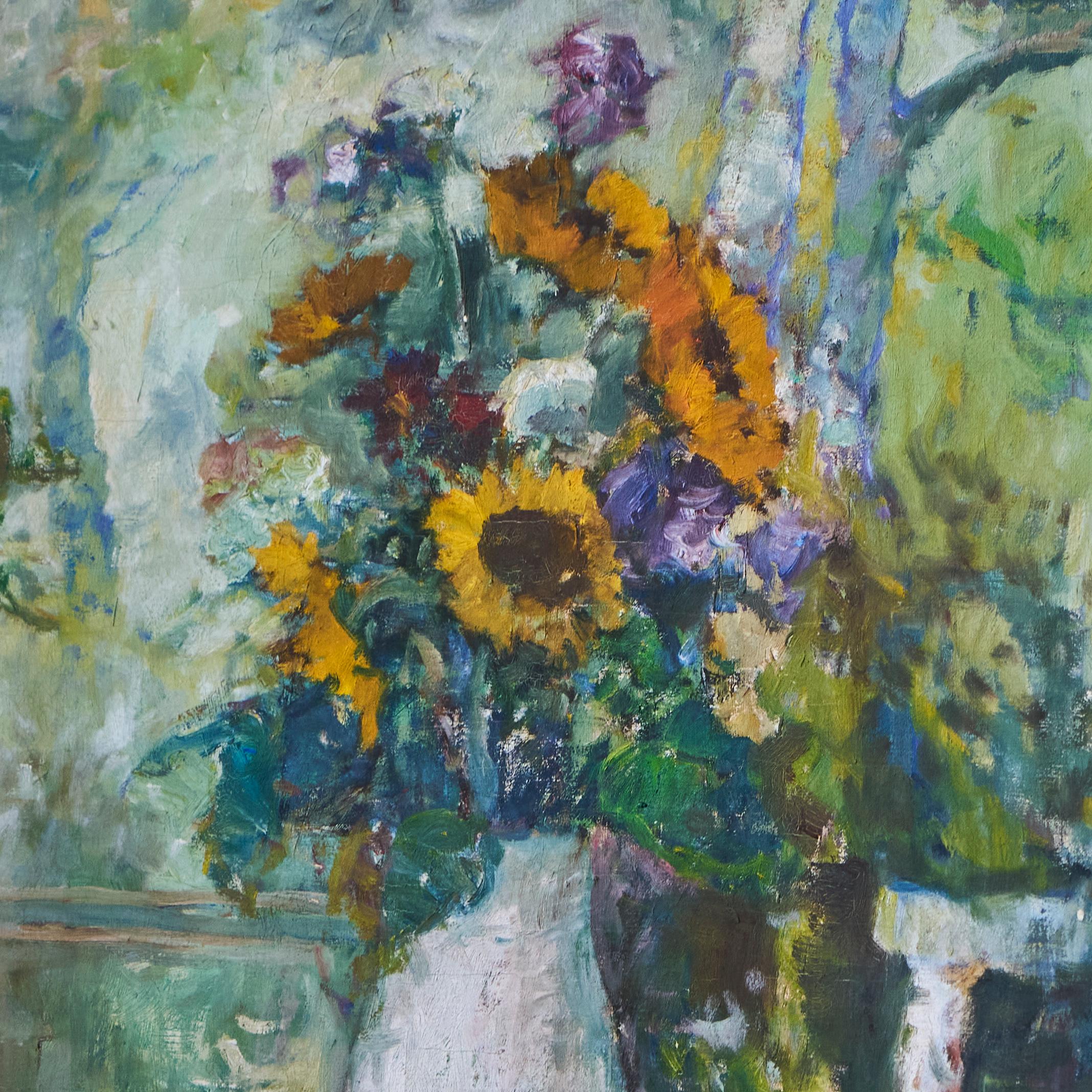Art déco Sunflowers in White Vase Oil on Canvas 1940s en vente