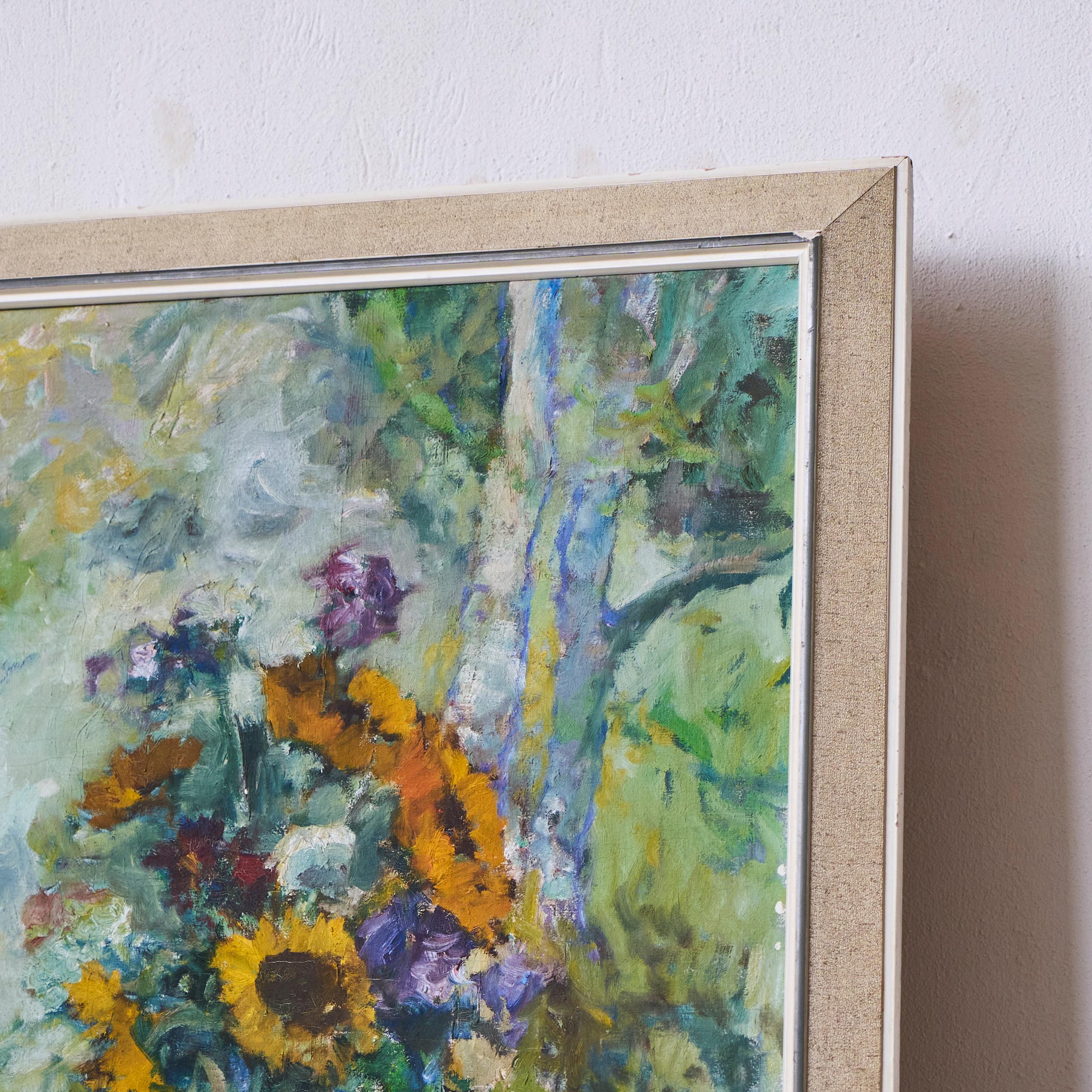 Peint à la main Sunflowers in White Vase Oil on Canvas 1940s en vente