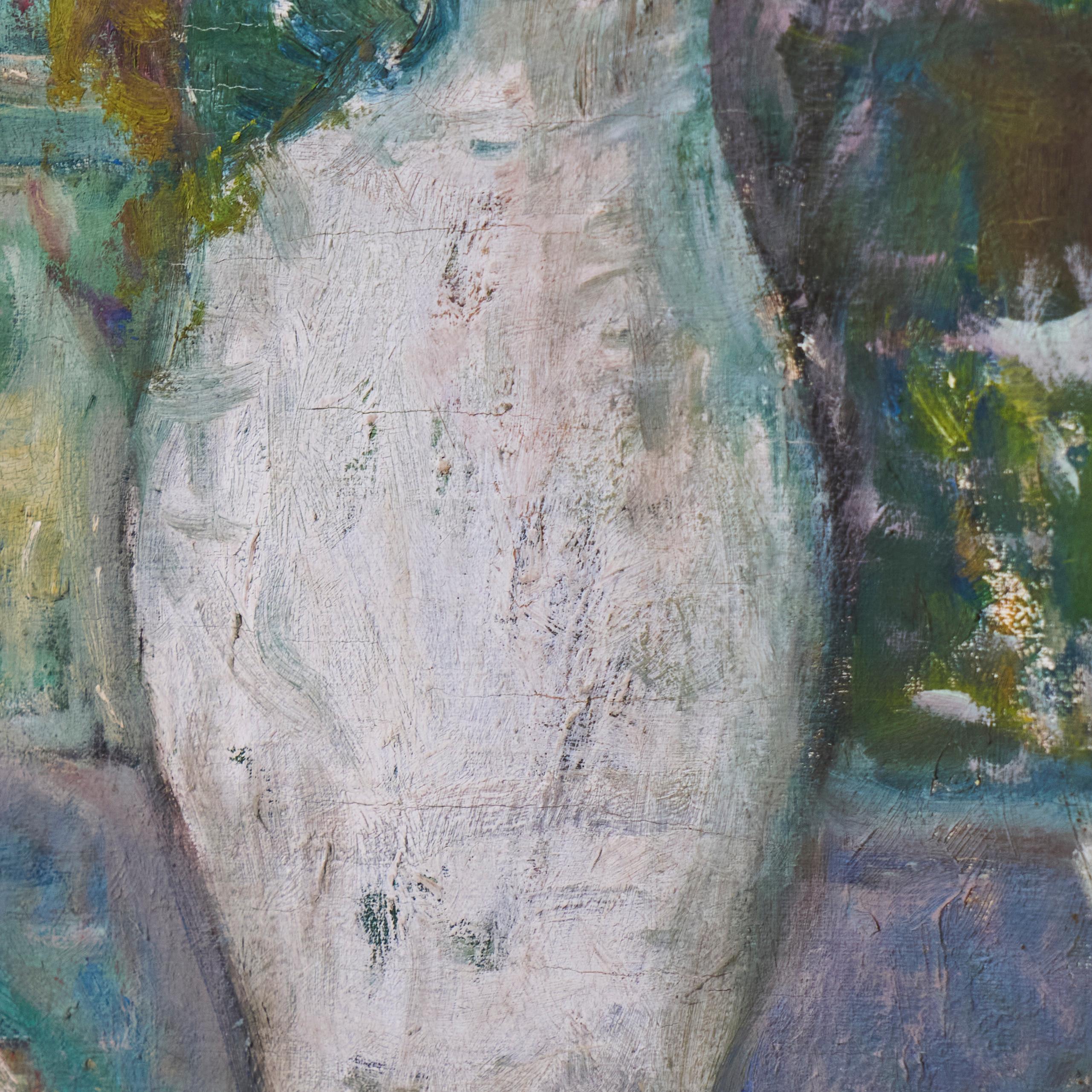 Bois Sunflowers in White Vase Oil on Canvas 1940s en vente