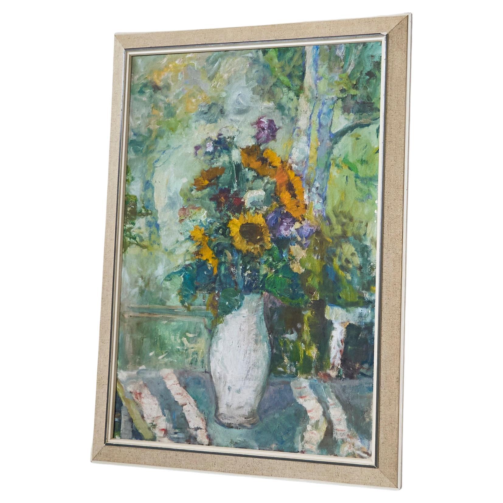 Sunflowers in White Vase Oil on Canvas 1940s en vente