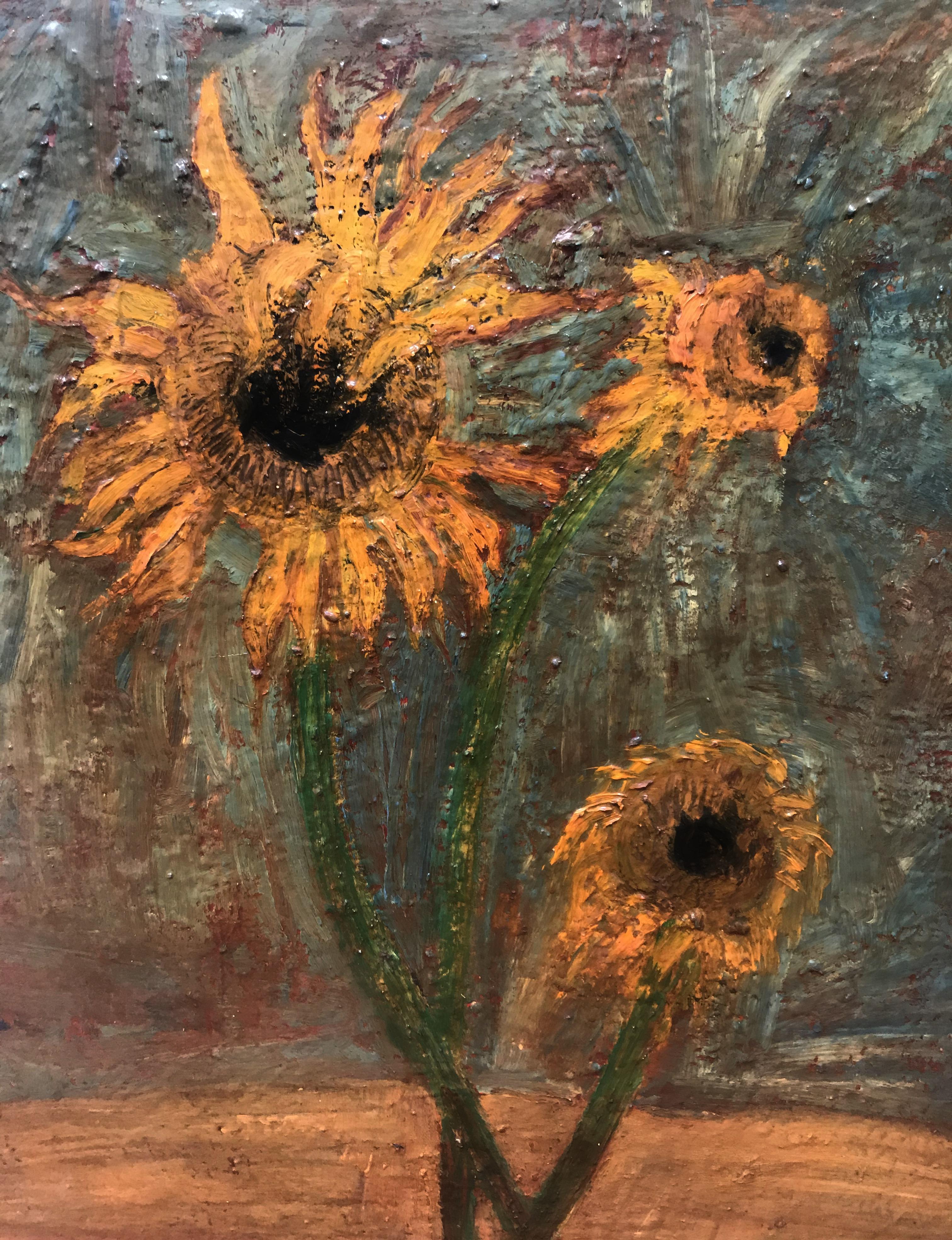 Oil painting on canvas featuring sunflowers by Barbara Dodge.
Energetic painting made with multiple layers of oil paint. This frenetic painter never tried to sell her work in an auction, which explains that we cannot find much on her! But her work