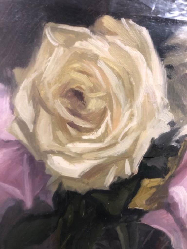 Study of White & Pink Roses on Glass Vase (framed) - Painting by Sung Eun Kim