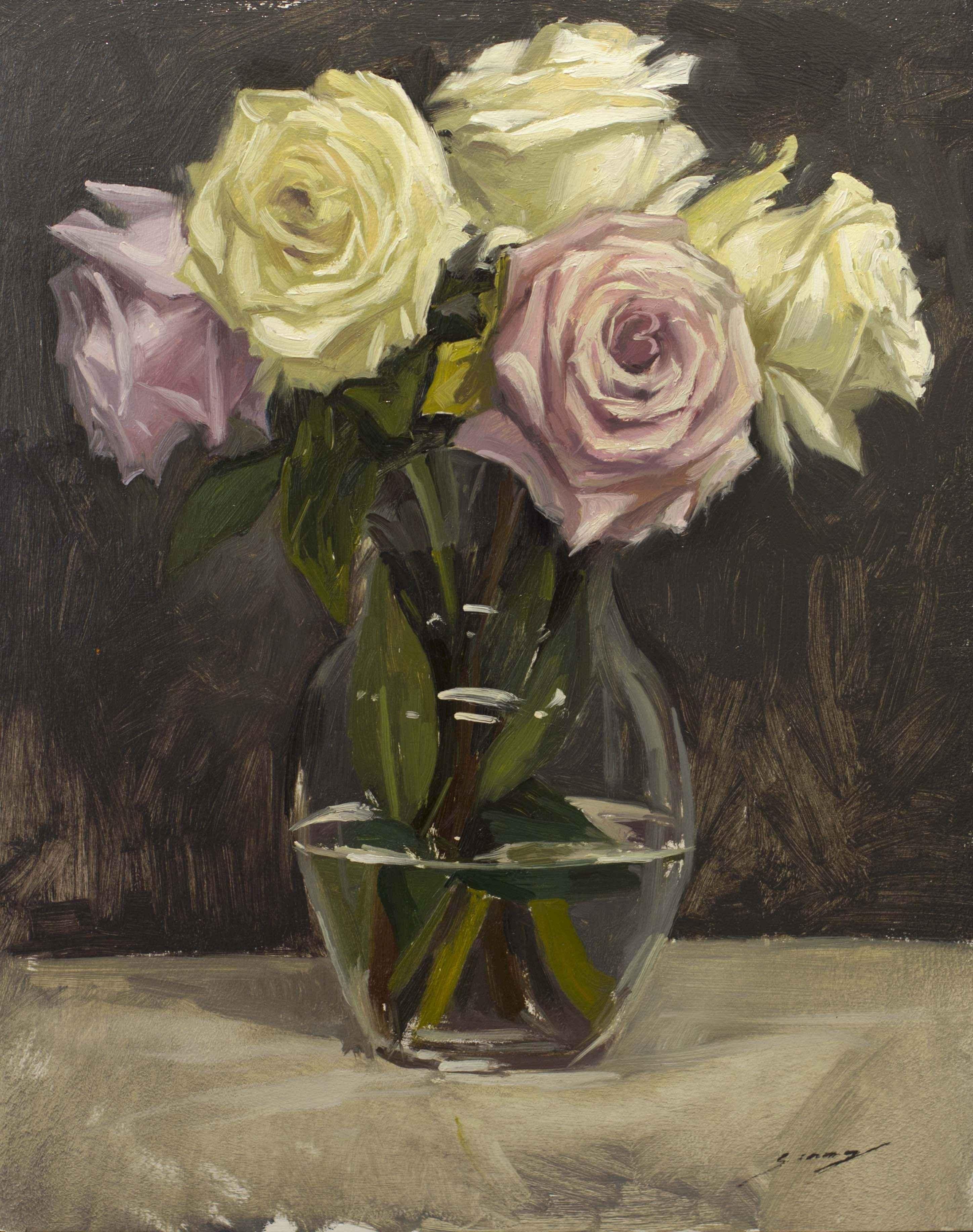 Sung Eun Kim Still-Life Painting - Study of White & Pink Roses on Glass Vase (framed)
