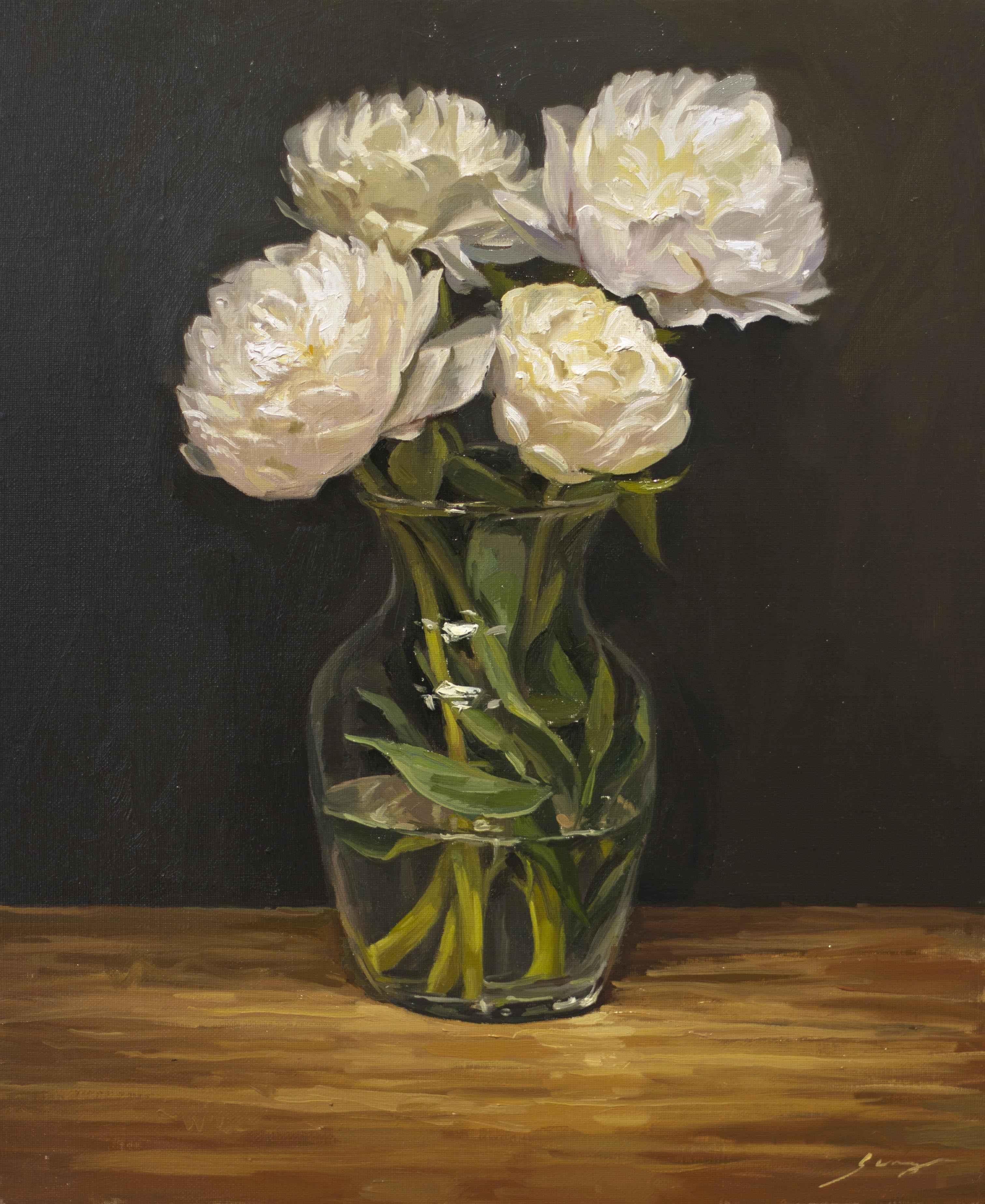 Sung Eun Kim Interior Painting - White Peonies on Glass Vase