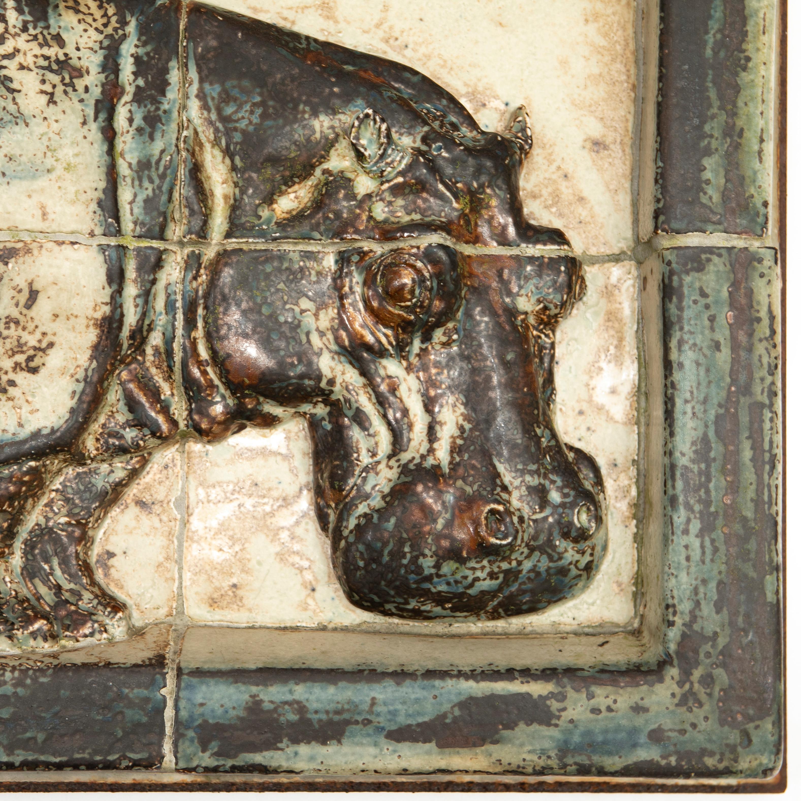 Danish Sung Glazed Wall Relief Of Hippo By Jeanne Grut For Sale
