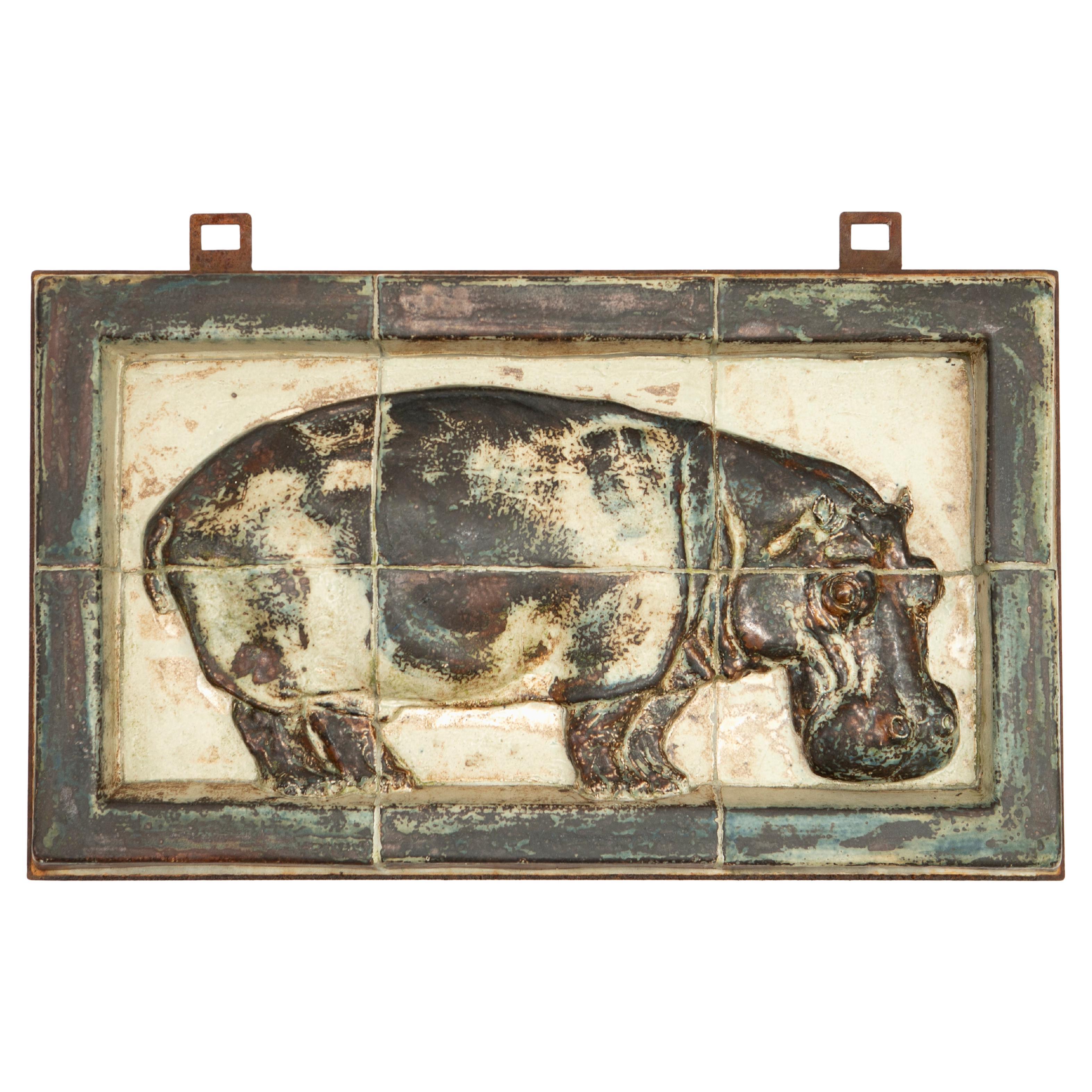 Sung Glazed Wall Relief Of Hippo By Jeanne Grut For Sale