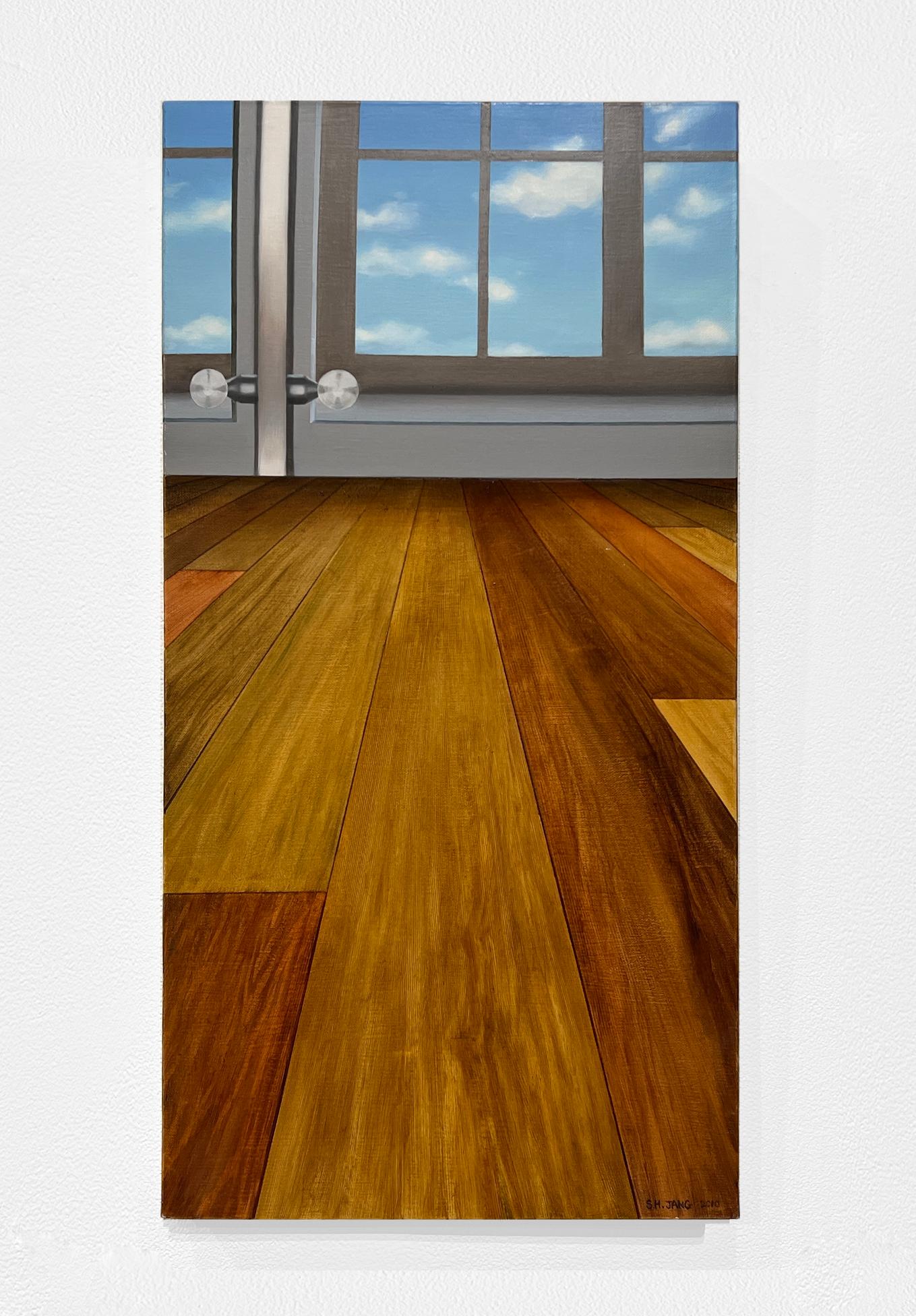 SKY IN LIVING ROOM – zeitgenössischer Realismus/Interieurszene mit Fenster – Painting von Sunghee Jang