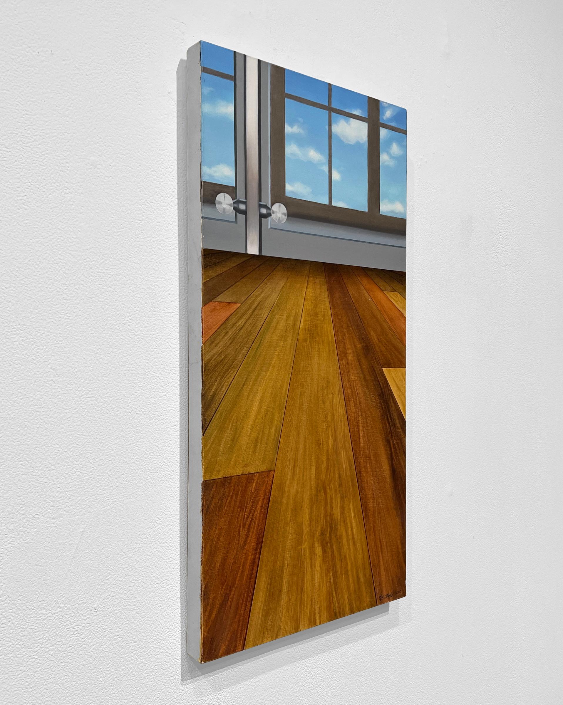 SKY IN LIVING ROOM – zeitgenössischer Realismus/Interieurszene mit Fenster (Braun), Interior Painting, von Sunghee Jang