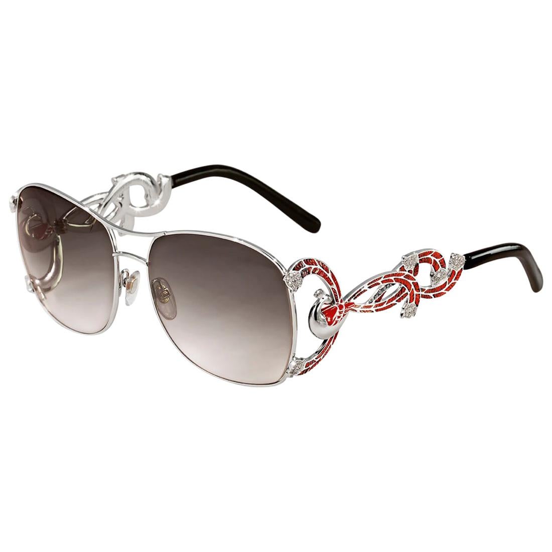 Sunglasses White Gold White and Black Diamonds Hand Decorated with Micro Mosaic