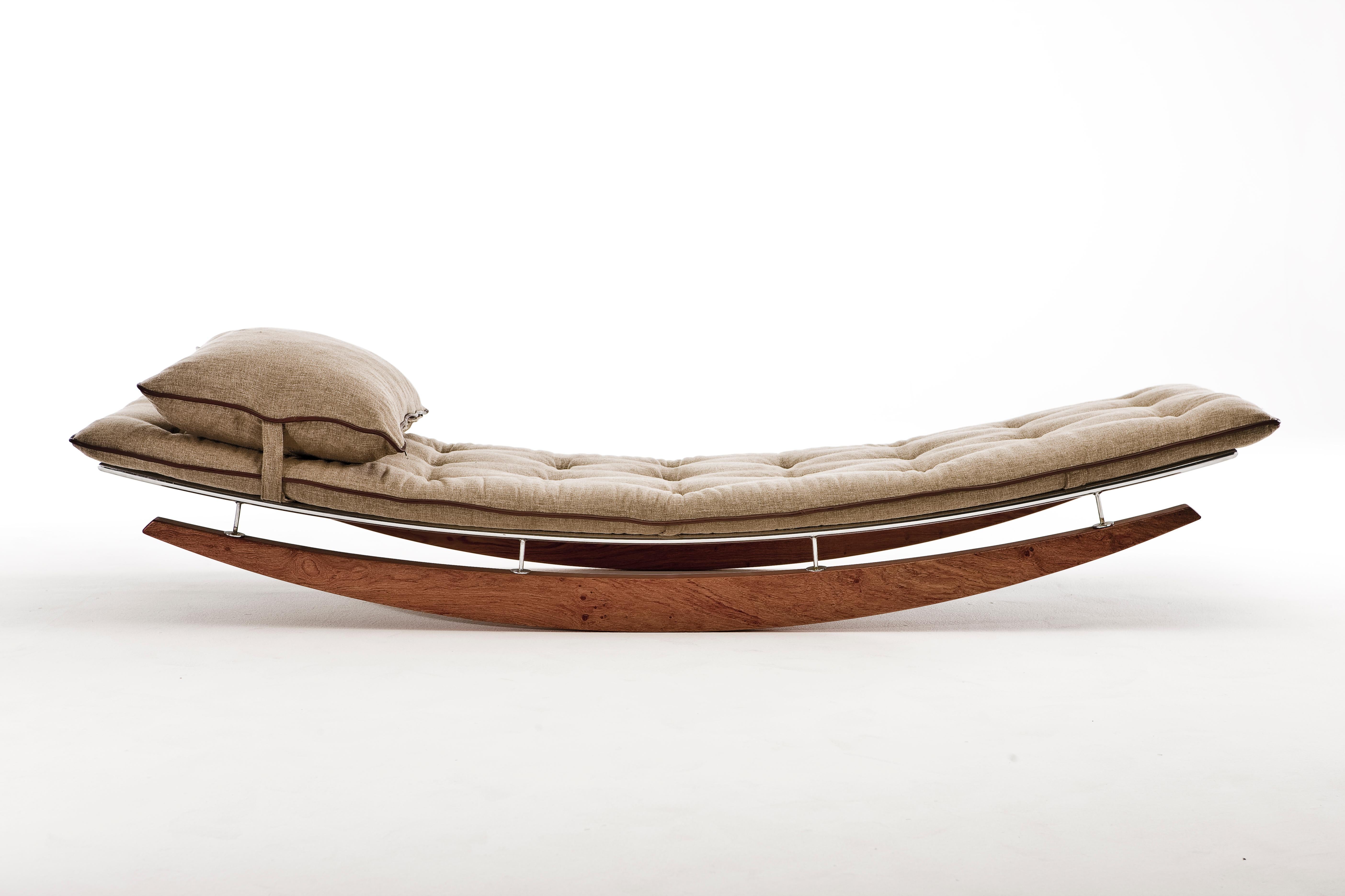 Sungodess Daybed by Egg Designs
Dimensions: 198 L X 69 D X 45 H cm
Materials: Wire Mesh, African Mahogany, Linen & Leather Upholstery

Founded by South Africans and life partners, Greg and Roche Dry - Egg is a unique perspective in contemporary
