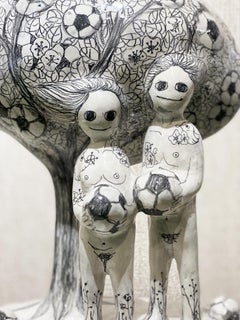 In the beginning there was soccer, figurative drawing sculpture, Adam and Eve