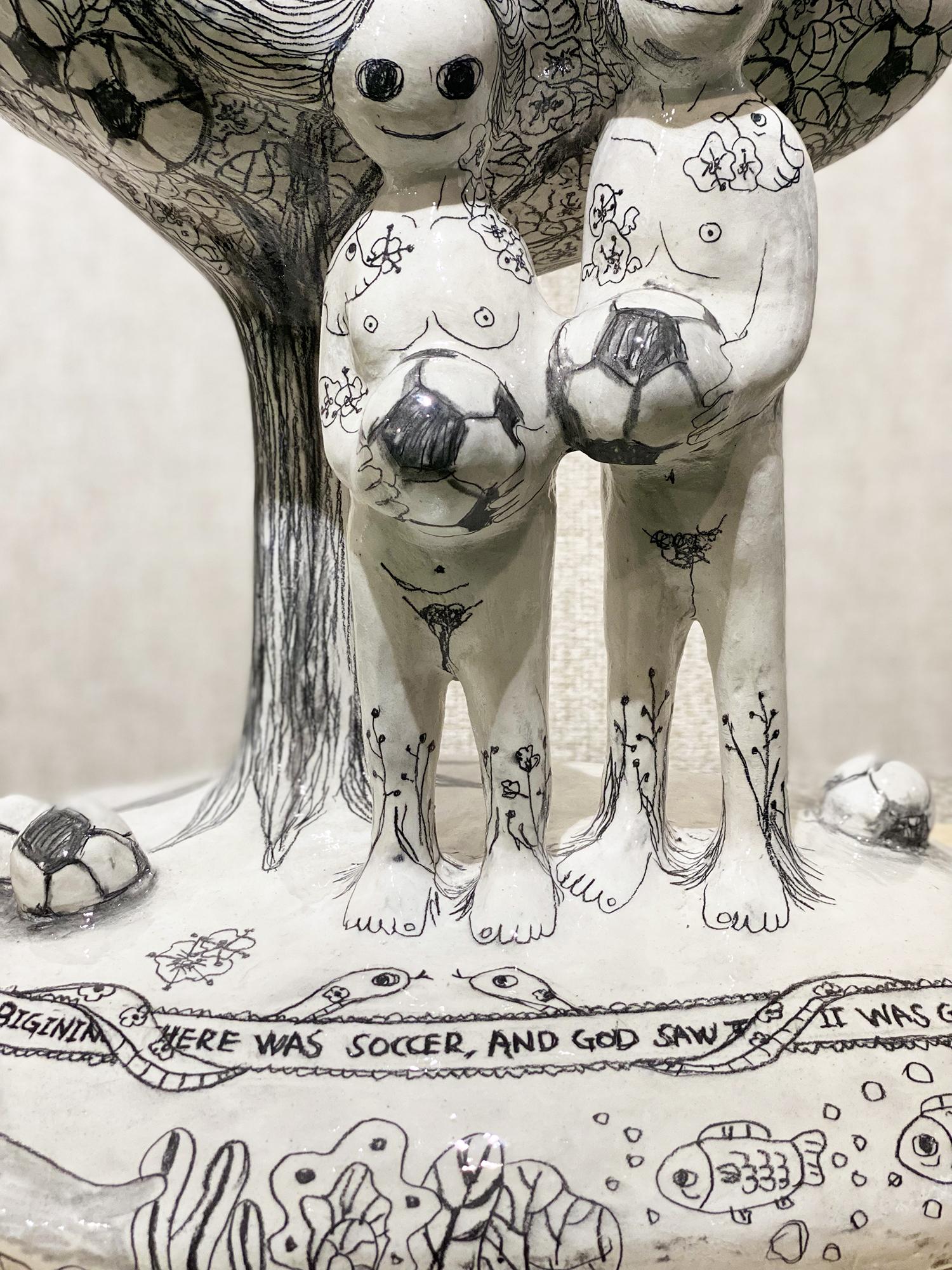 In the beginning there was soccer, figurative drawing sculpture, Adam and Eve  - Contemporary Art by Sungrea Kim