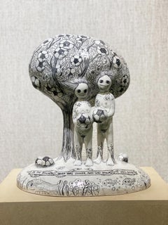 In the beginning there was soccer, figurative drawing sculpture, Adam and Eve 