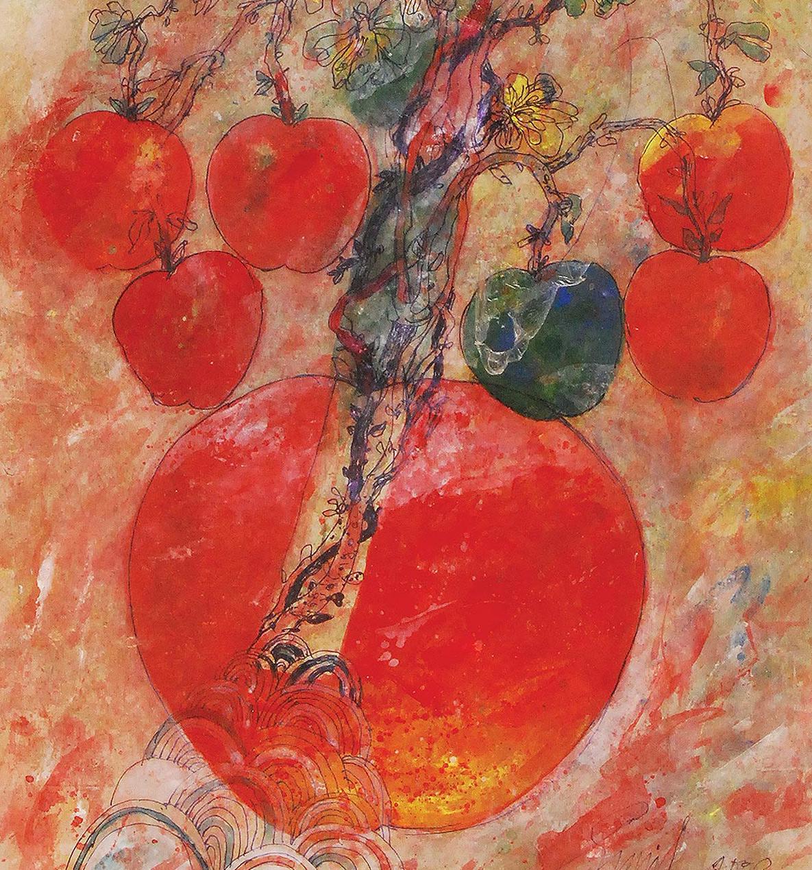 Apples, Mixed Media on Paper, Red, Green, Blue, Yellow by Indian Artist