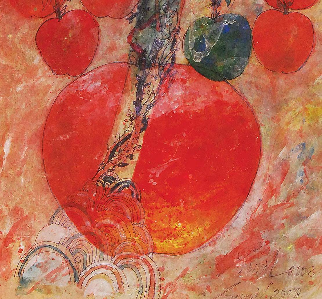 Apples, Mixed Media on Paper, Red, Green, Blue, Yellow by Indian Artist